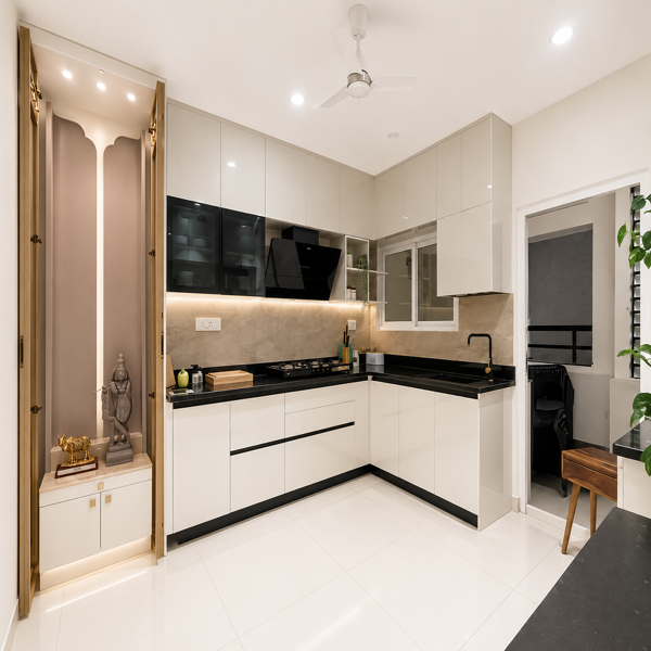 Modern kitchen, luxury kitchen, premium kitchen interior, modular kitchen, contemporary kitchen, elegant kitchen design, stylish kitchen, modern home interior, luxury home, premium living space, designer kitchen, L-shaped kitchen, white kitchen cabinets, glossy cabinets, black countertop, granite countertop, kitchen backsplash, modern chimney, built-in kitchen, kitchen storage, overhead cabinets, lower cabinets, modular cabinetry, kitchen sink, black kitchen sink, gas stove, kitchen appliances, LED lighting, under-cabinet lighting, ceiling lights, ceiling fan, marble flooring, white flooring, neutral interior, minimalist kitchen, sophisticated interior, contemporary home decor, luxury apartment, residential interior, modern architecture, stylish home decor, indoor plants, decorative accessories, dining area, utility area, kitchen organization, clean kitchen, spacious kitchen, high-end interior, aesthetic kitchen, dream home.